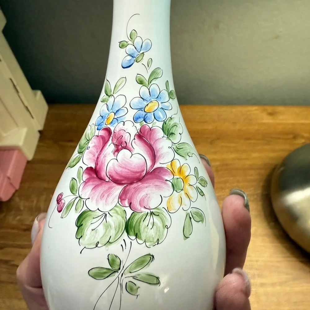 Signed Floral Ceramic Vase with Pink and Blue Accents